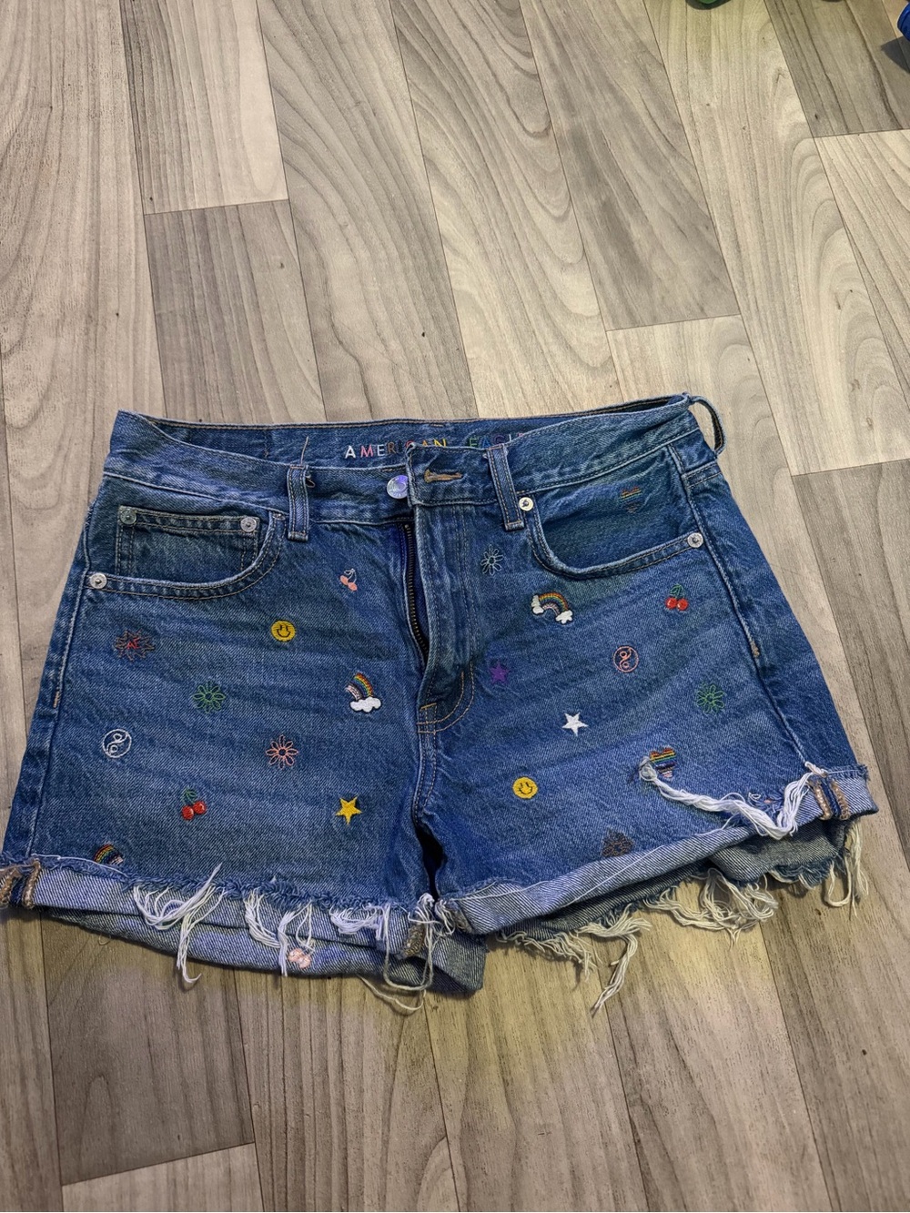 American Eagle Outfitters Blue Denim Embroidered Frayed Hem Shorts